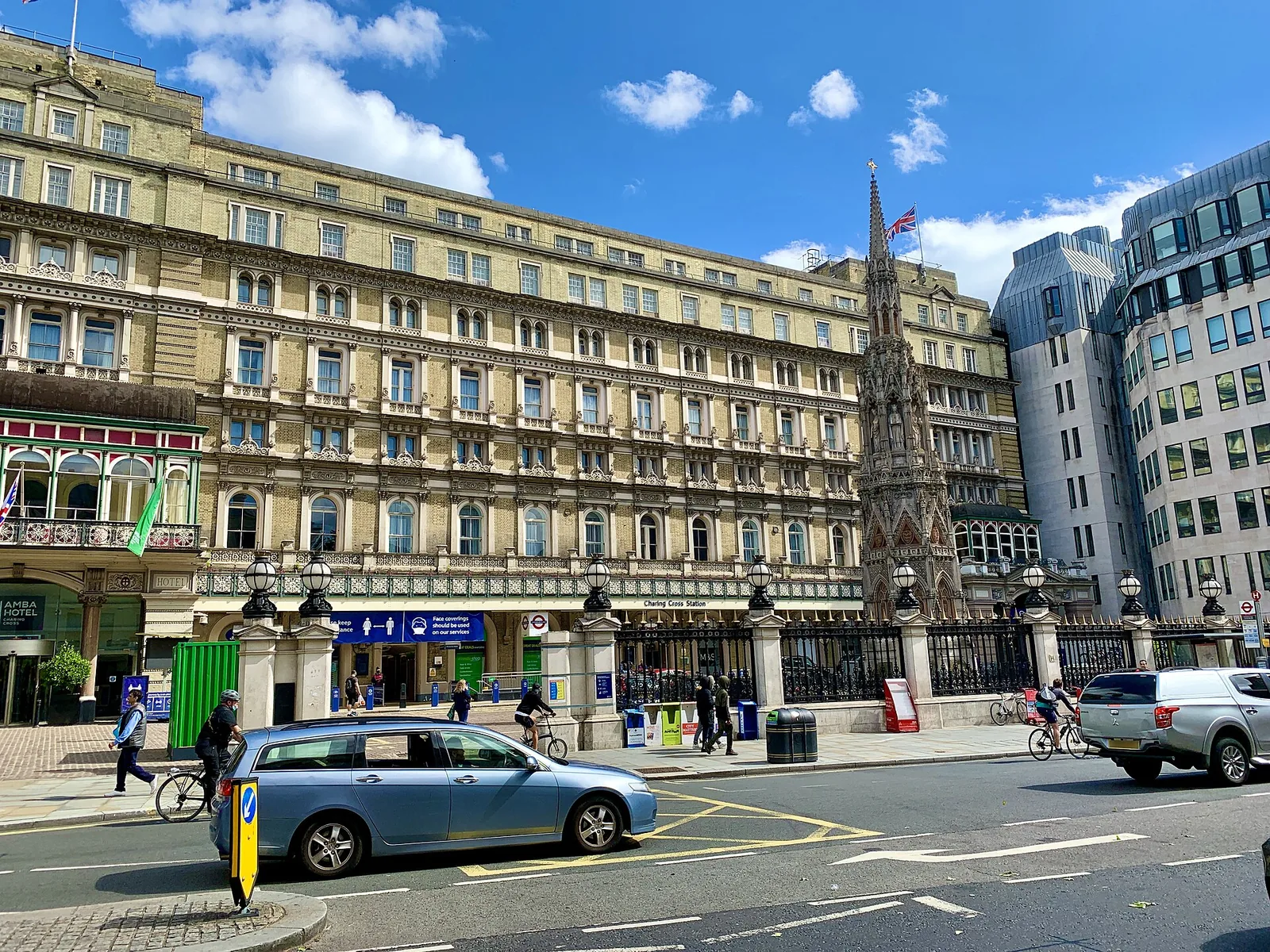 The hotel frontage above Charing Cross station&rsquo;s entrance, with street traffic in front